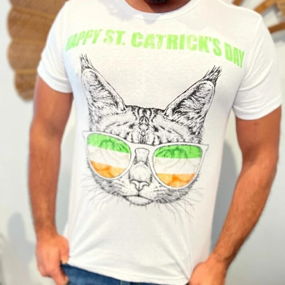 Mad Engine T-shirt Unisex Xlarge Cat White Green St Patricks Day Gag Gift New